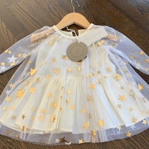 Tulle over lay, gold stars. Long sleeve dress.